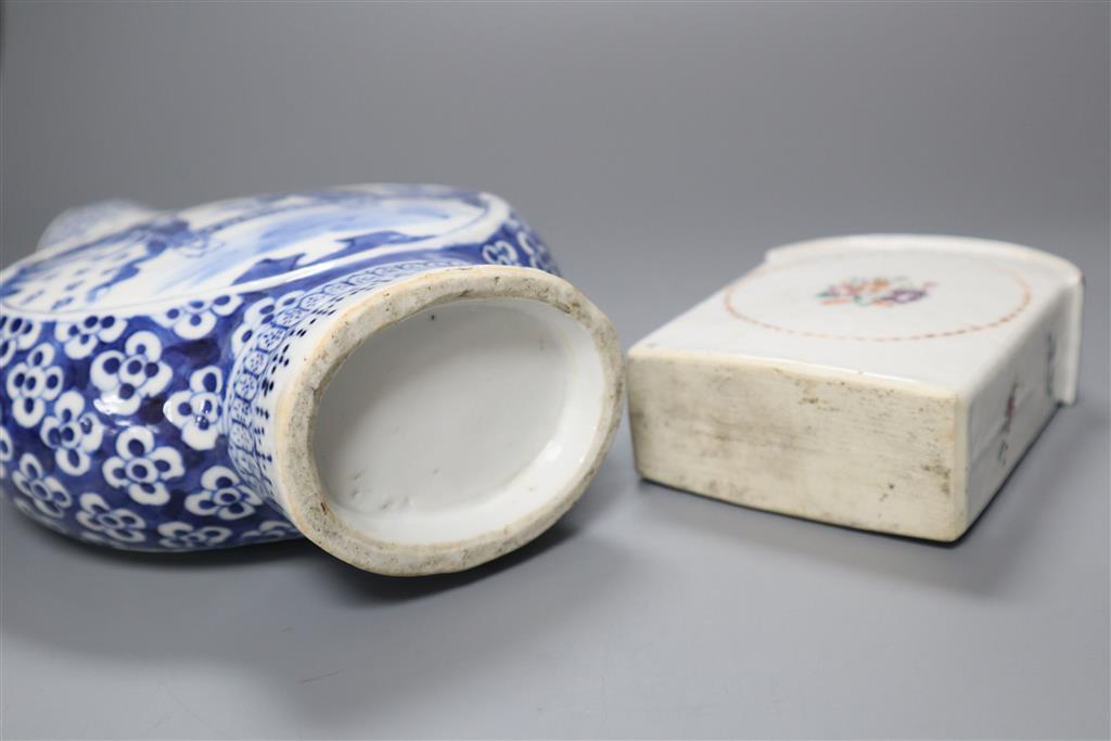 A 19th century Chinese blue and white moon flask, 22cm and a A Chinese famille rose tea canister and